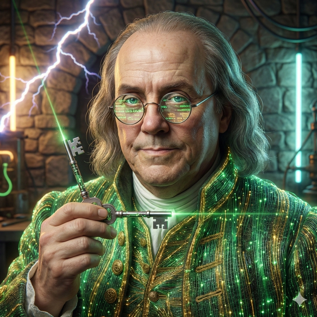 Benjamin Franklin in colonial coat with fiber optic fabrics, holding a laser lightning key