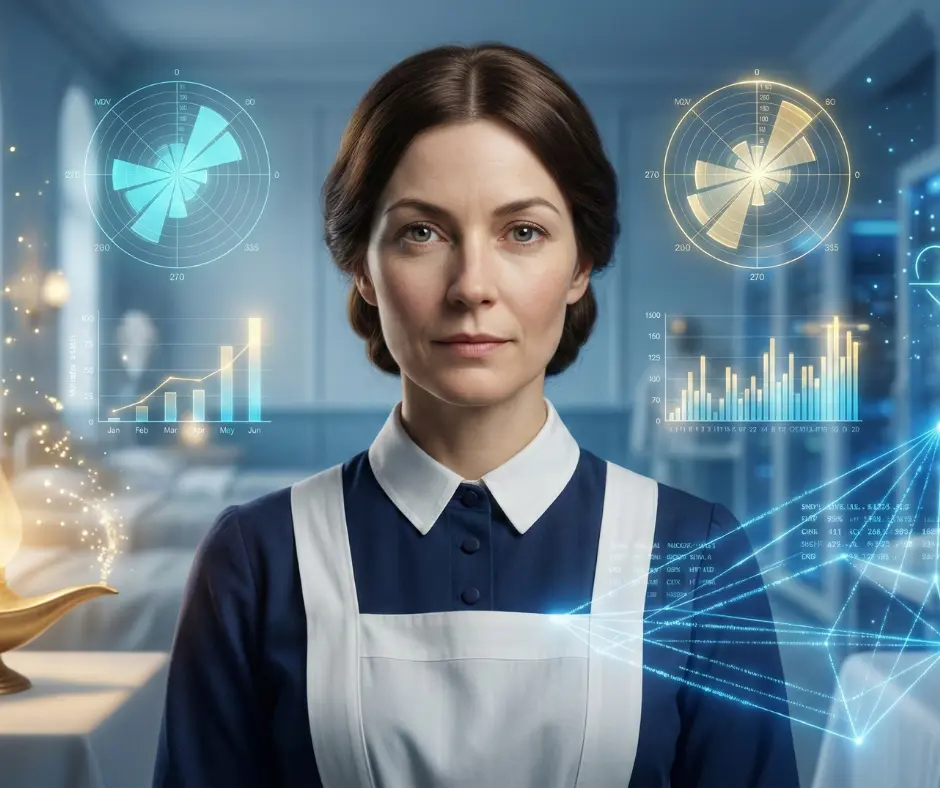 Florence Nightingale with glowing data charts, elegant posture, analyzing light arrays