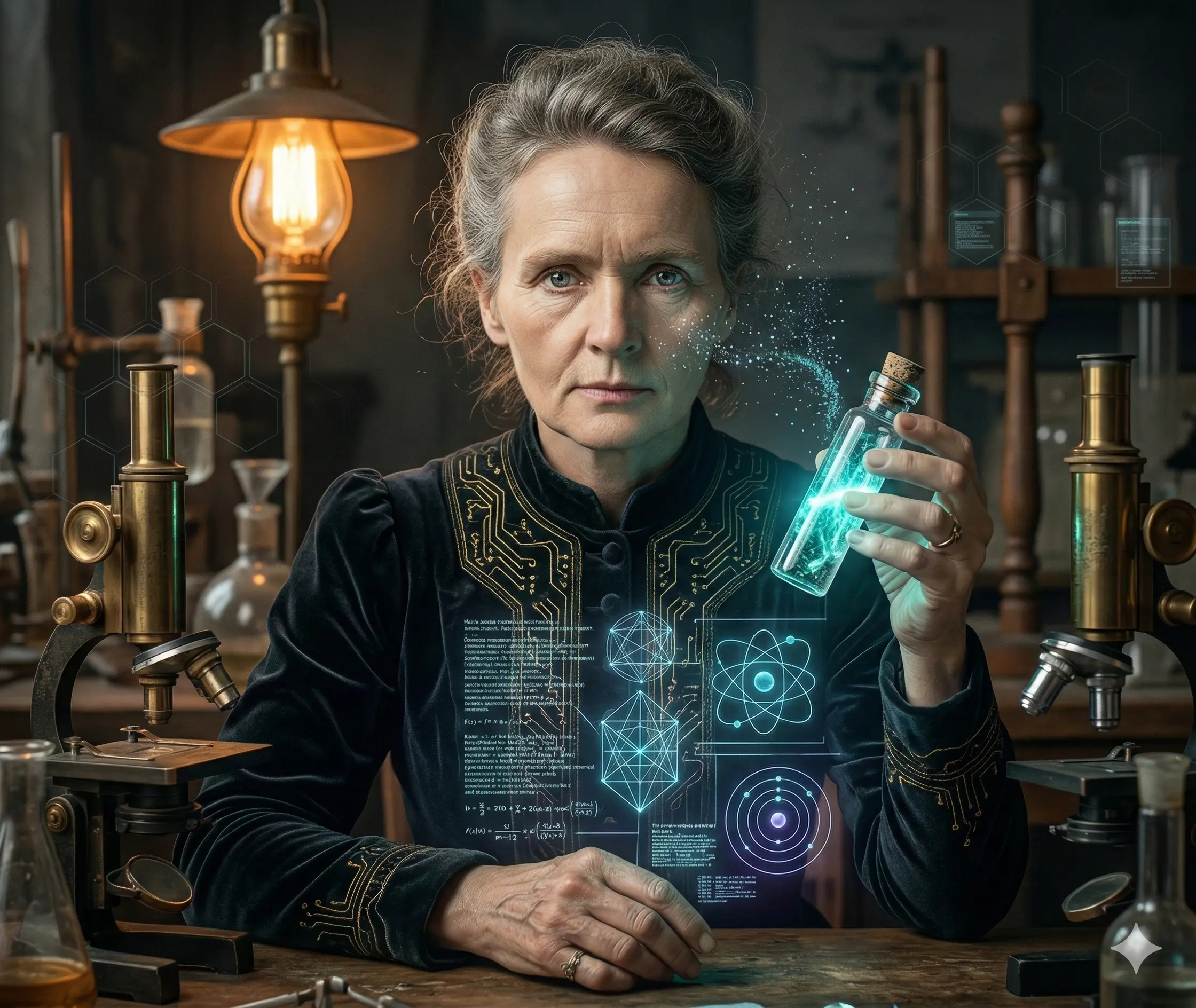 Marie Curie handling glowing green elements, focused expression, futuristic lab coat