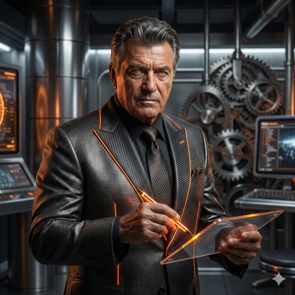 Lamborghini in impeccable italian suit, V12 engine parts integrated into shoulder, powerful stance